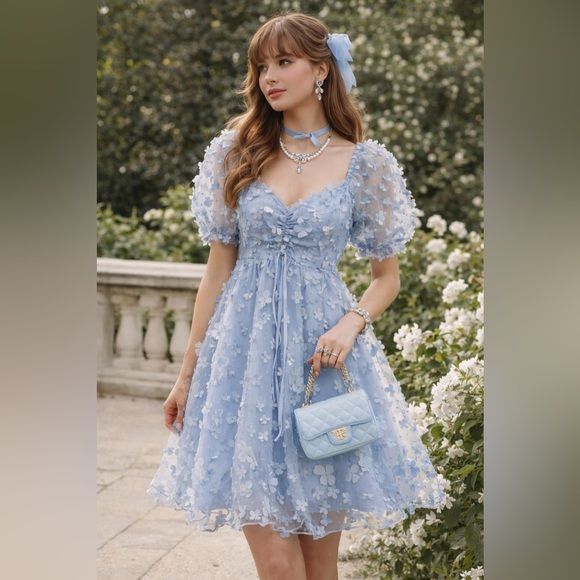 Thirty Thirty Dresses & Skirts - EUC Romantic cottage core dress. Size M, puff sleeve, lt blue and 3 D flowers.